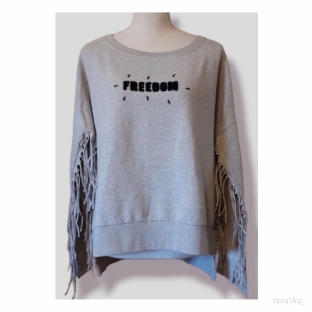 NEW Penn & Ink NY "Freedom" Gray Fringe Sleeve Crew Neck Sweater - Size Small